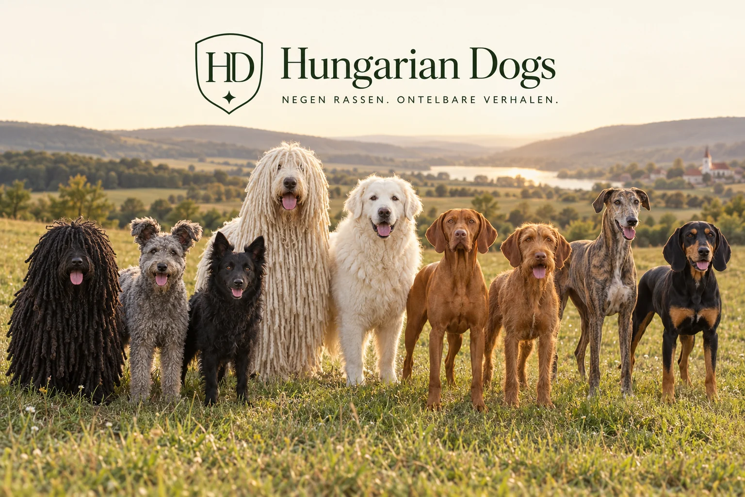 AI-groepsportret van de negen Hongaarse hondenrassen met het Hungarian Dogs-logo
