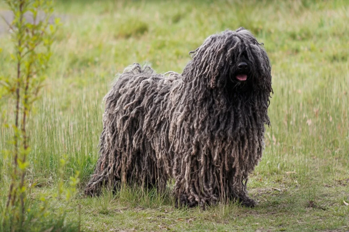 Puli met lange koorden in het gras