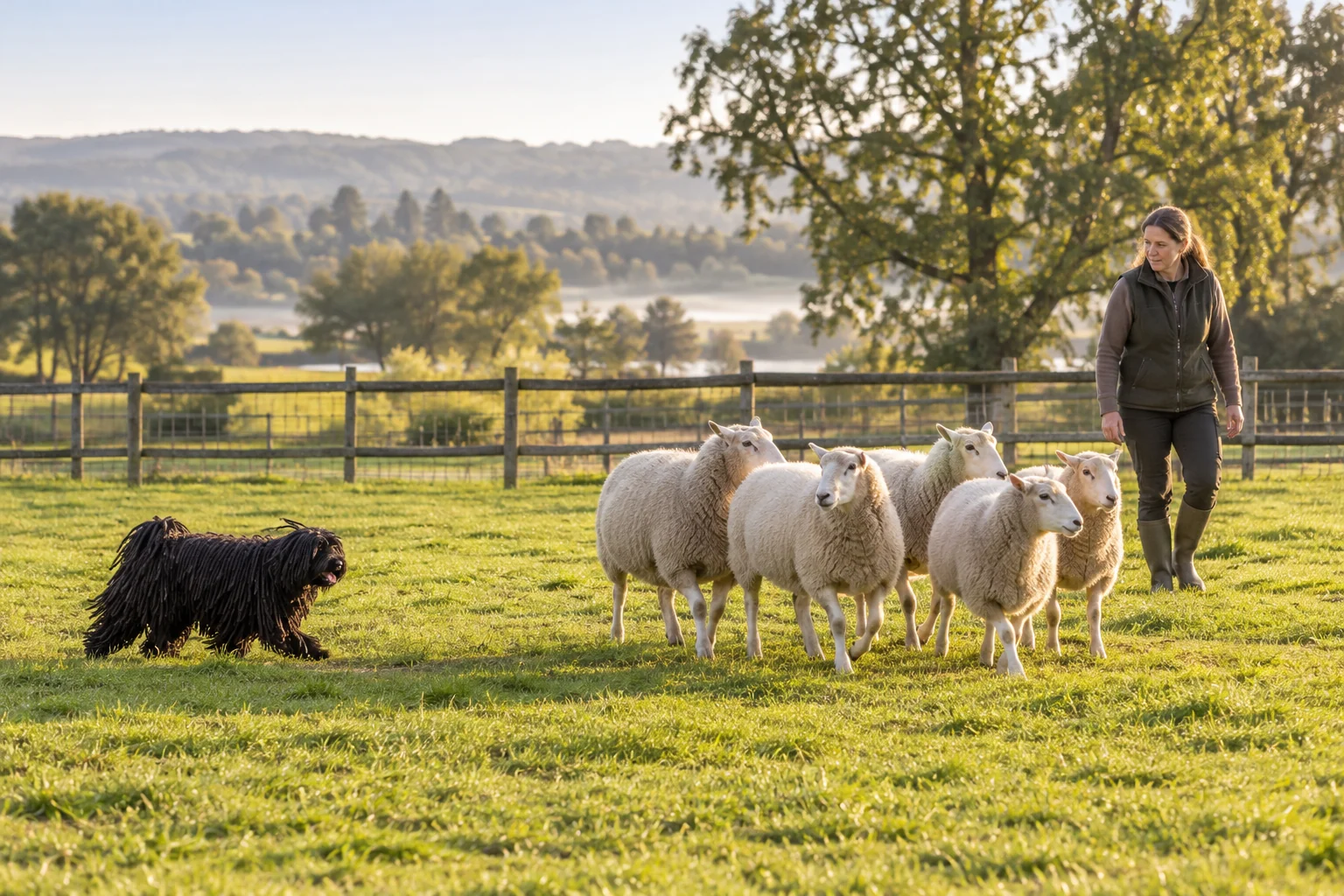AI-illustratie van een zwarte Puli, schapen en een begeleider in een omheide weide